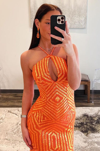 Orange Sequins Mermaid Halter Long Prom Dress, PD25378