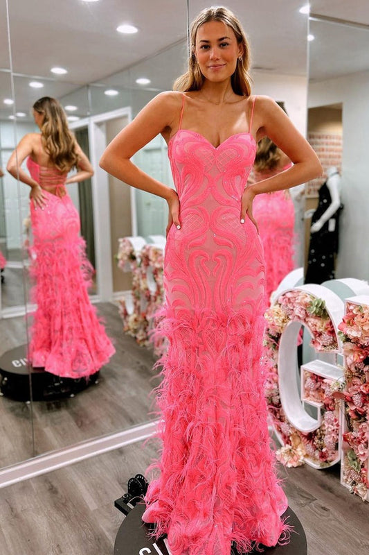 Pink Sequins Lace Sweetheart Long Prom Dresses with Feather, PD25468