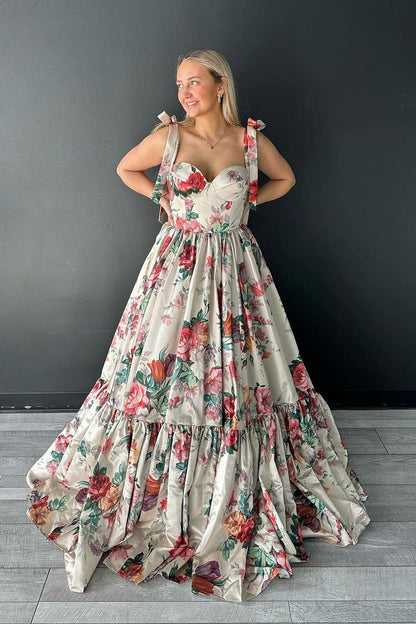 A-Line Sweetheart Floral Printed Long Prom Dresses, PD25369