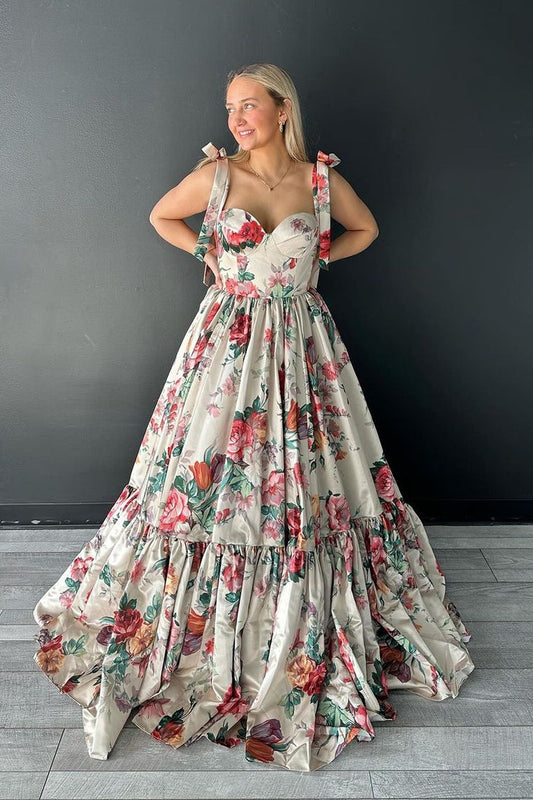 A-Line Sweetheart Floral Printed Long Prom Dresses, PD25369