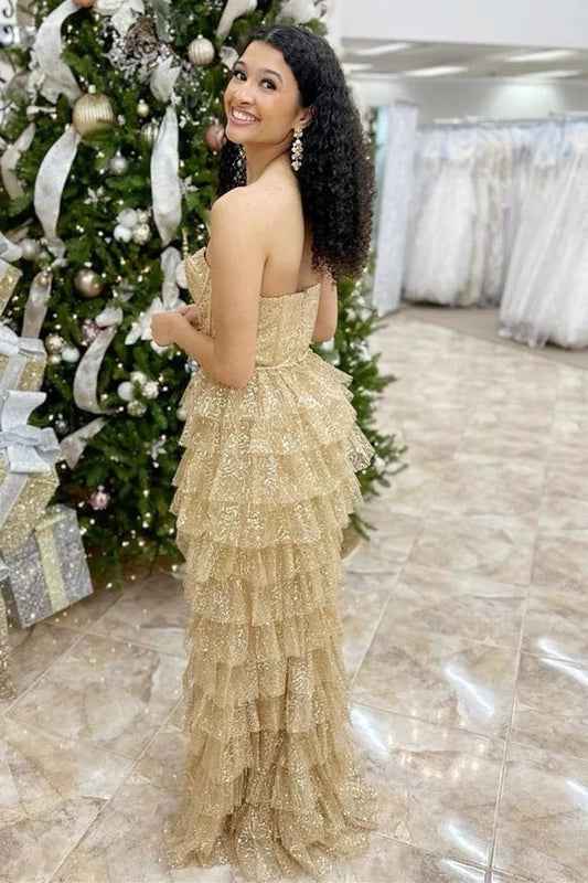Gold Corset Sequin Tulle Ruffle Tiered Long Dress with Slit, PD25639