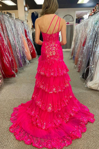 Pink One Shoulder A-line Sequin Lace Long Prom Dress, PD25698