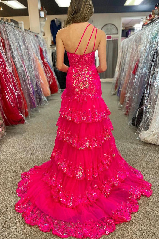 Pink One Shoulder A-line Sequin Lace Long Prom Dress, PD25698