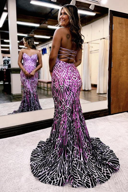 Strapless Mermaid Purple Sequins Long Prom Dress, PD25145