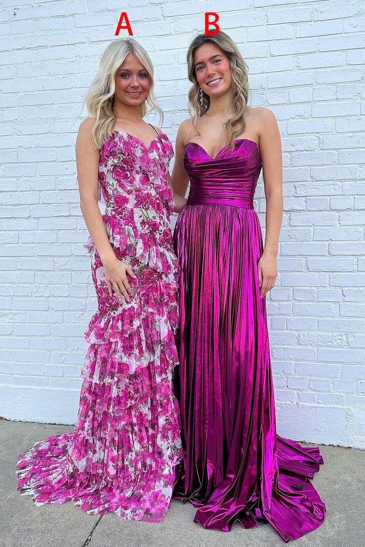 Floral Printed Pink Ruffle Mermaid Long Prom Dresses, PD25313