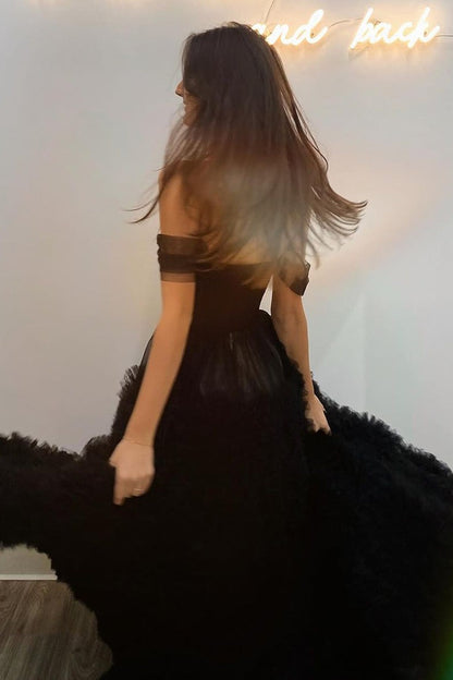 Off the Shoulder A-Line Black Ruffle Tiered Tulle Long Prom Dress with Slit, PD25198
