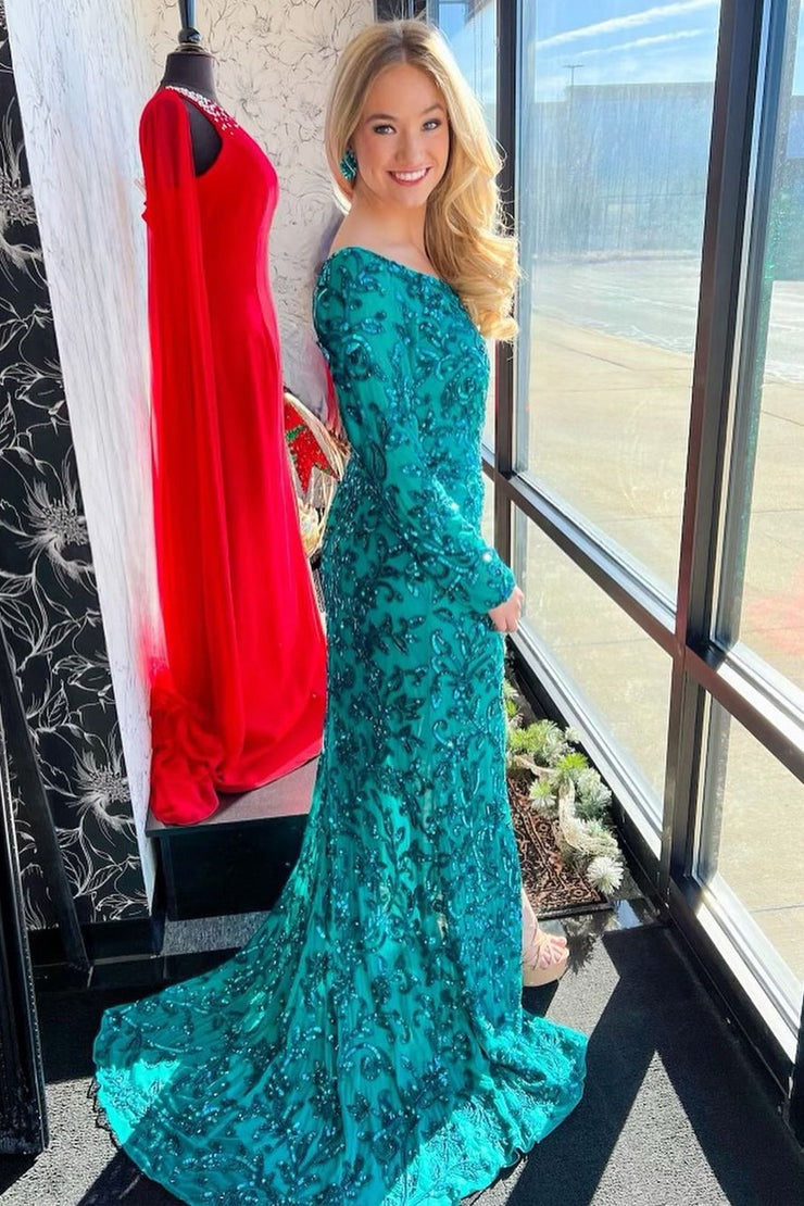 Dark Green One Shoulder Sleeves Sequins Lace Mermaid Prom Dresses, PD25618