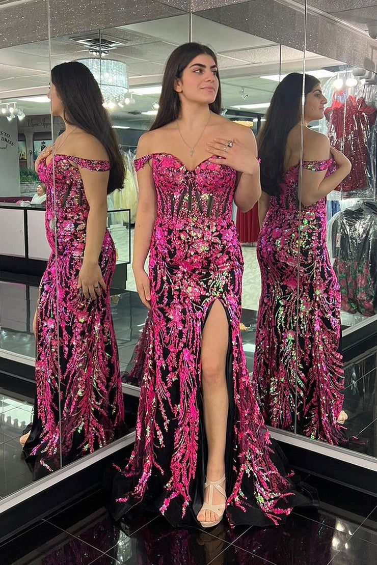 Pink Off the Shoulder Sequin Lace Mermaid Long Prom Dress, PD25707