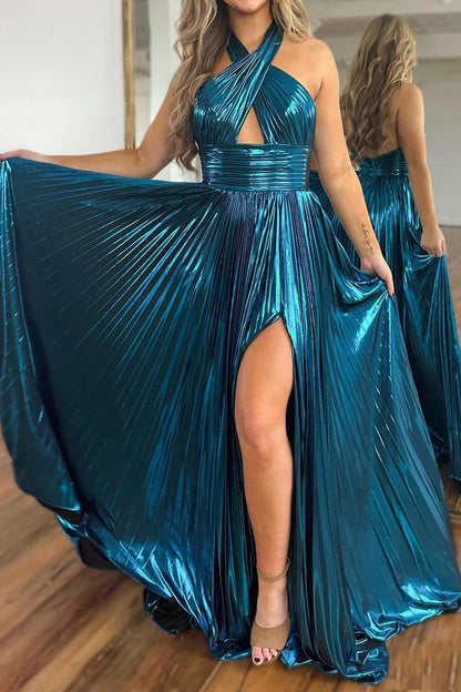 Turquoise Glitter Metallic Halter Cut Out Backless Long Prom Dress with Slit, PD25647