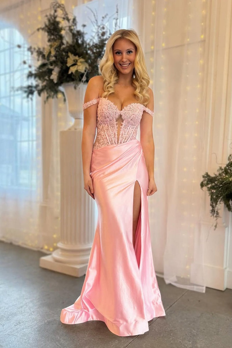 Blush Off the Shoulder Mermaid Satin Prom Dress with Appliques, PD25750