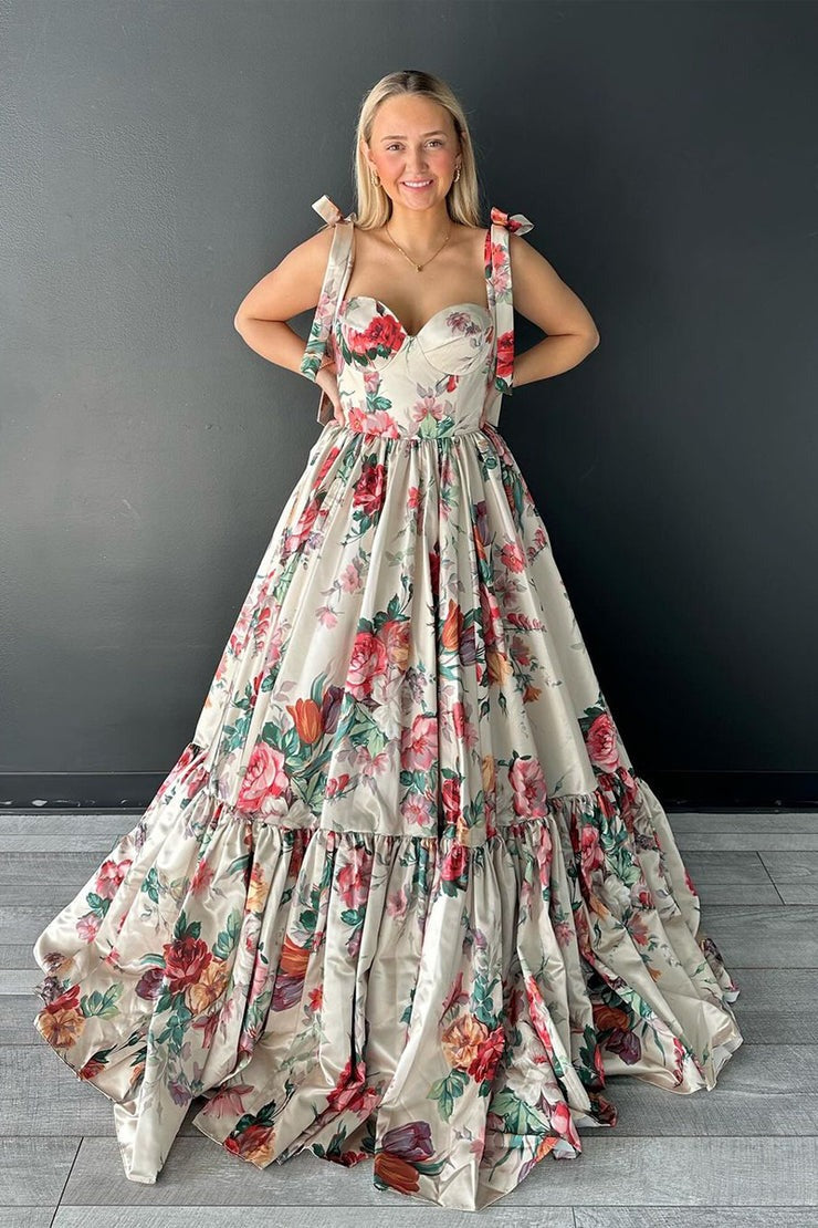 A-Line Sweetheart Floral Printed Long Prom Dresses, PD25369