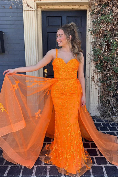 Orange Mermaid Sweetheart Tulle Long Prom Dresses with Appliques, PD25608