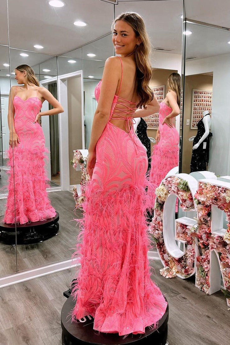 Pink Sequins Lace Sweetheart Long Prom Dresses with Feather, PD25468