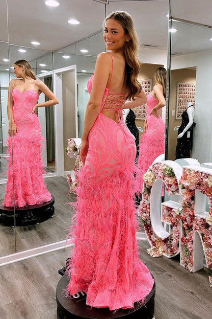 Pink Sequins Lace Sweetheart Long Prom Dresses with Feather, PD25468