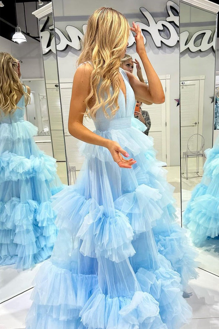 Tulle Ruffle Tiered A-Line V Neck Long Prom Dress, PD25416