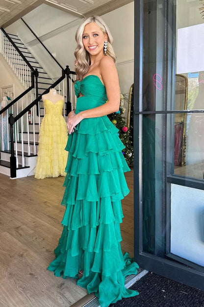 Green A - Line Sweetheart Tiered Chiffon Cute Prom Dress, PD25565