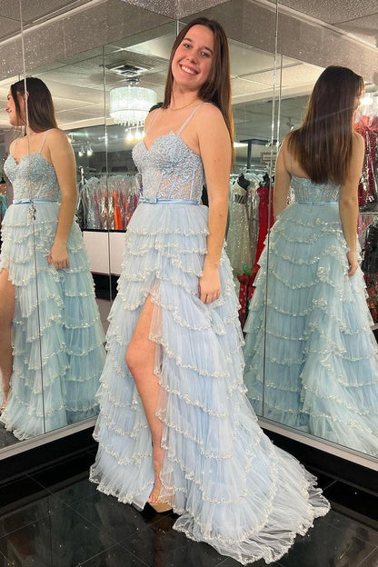 Blue Spaghetti Straps Tiered Tulle A-line Long Prom Dress, PD25699
