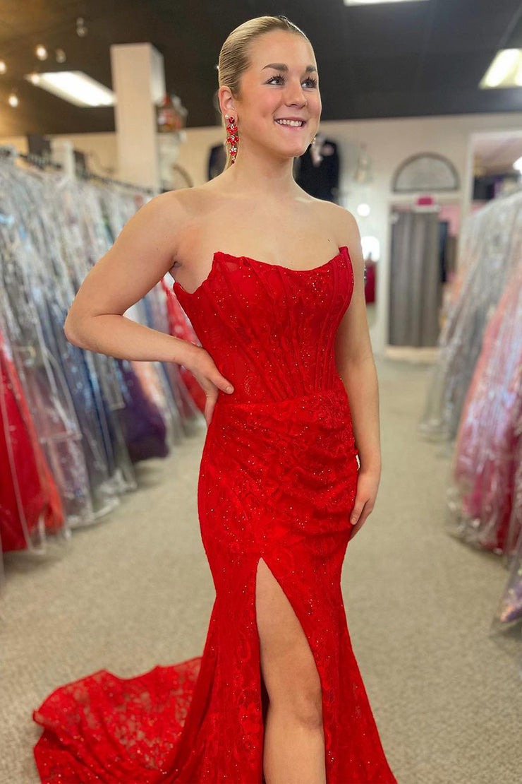 Red Mermaid Strapless Lace Long Prom Dresses with Slit, PD25529