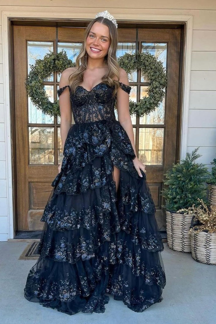 Black Sequin Lace Princess Off the Shoulder Ruffle Tiered Long Prom Dress, PD25379