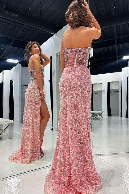 Pink Sequins Strapless Mermaid Long Prom Dress with Beading, PD25438
