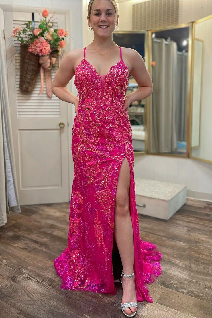 Fuchsia Sequins Lace Mermaid V Neck Long Prom Dress with Slit, PD25429