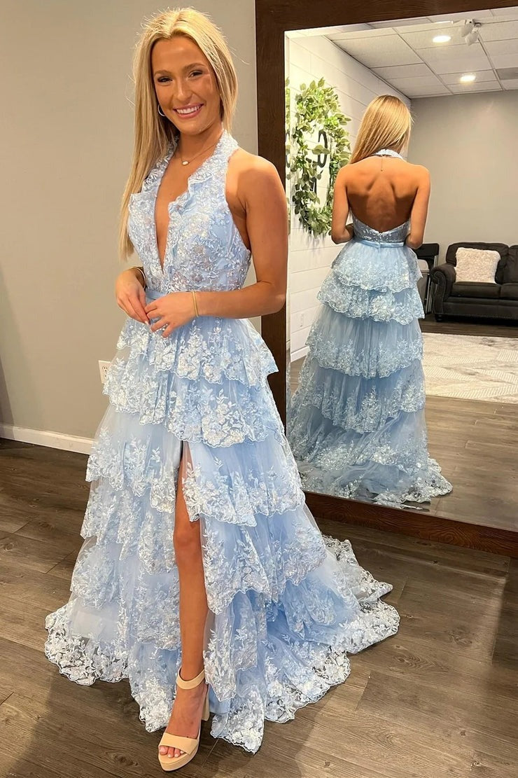 Light Blue Halter A-Line Tiered Tulle Long Prom Dresses with Appliques, PD25728