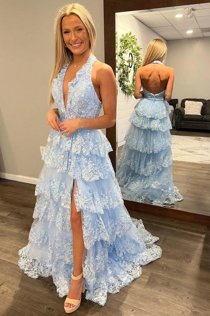 Light Blue Halter A-Line Tiered Tulle Long Prom Dresses with Appliques, PD25728