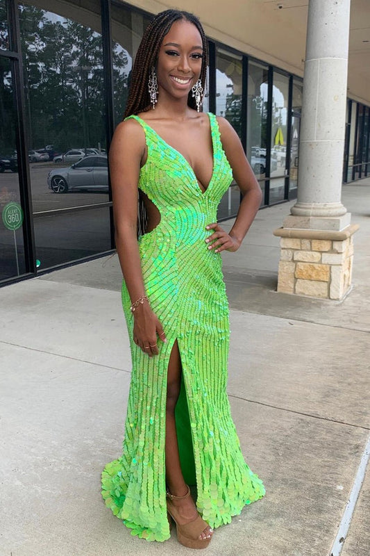 Green V Neck Sequins Mermaid Long Prom Dress with Slit, PD25280