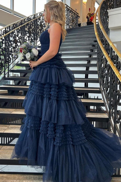 V Neck Navy Blue Ruffle Tiered Tulle Prom Dress with Slit, PD25147