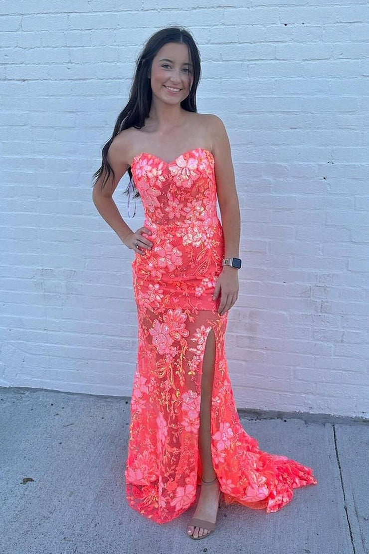 Mermaid Coral Sequins Lace Prom Dresses with Slit, PD25008