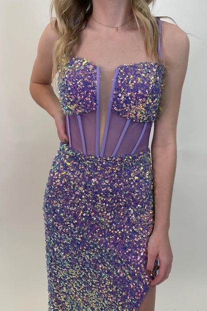 Spaghetti Straps Mermaid Purple Sequins Long Prom Dress with Slit, PD25131