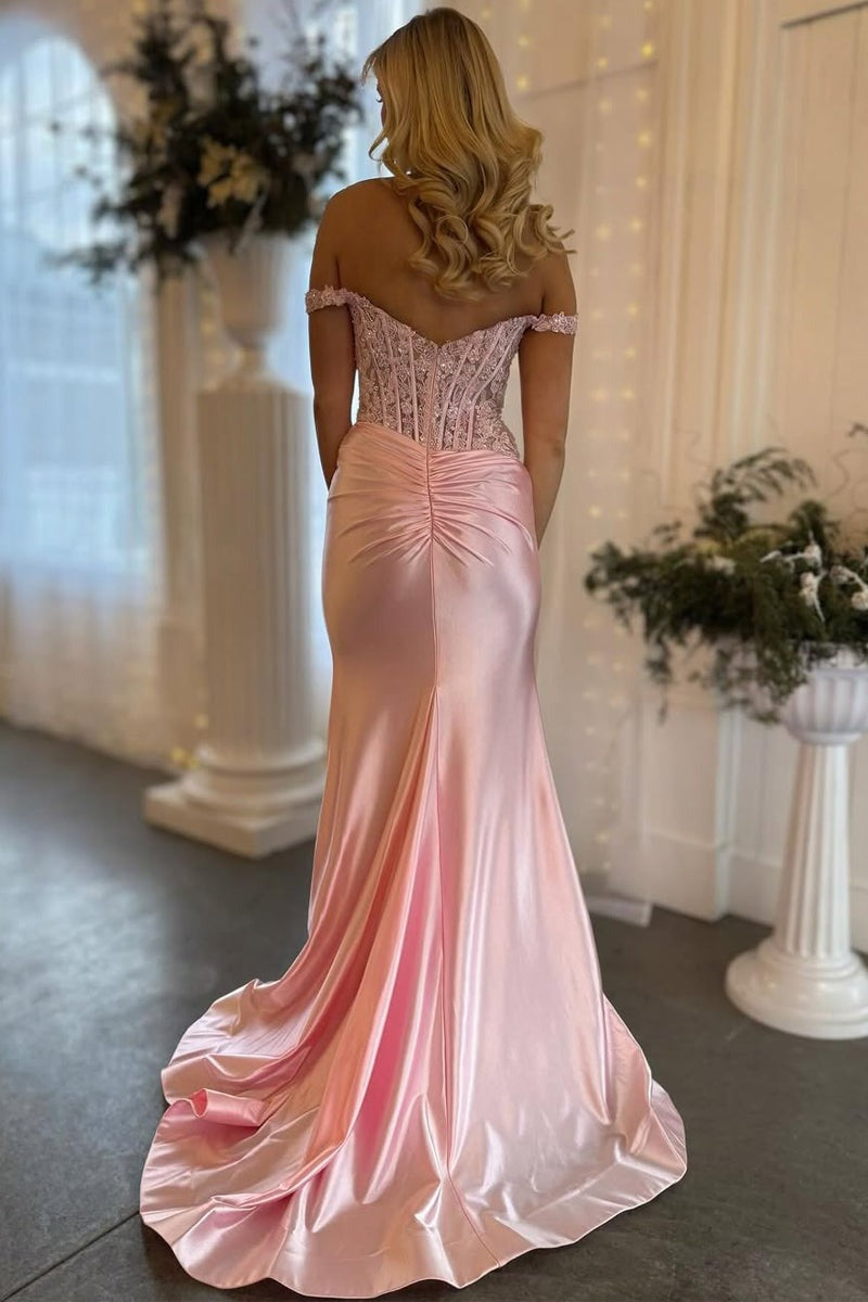 Blush Off the Shoulder Mermaid Satin Prom Dress with Appliques, PD25750