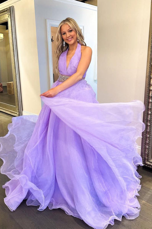 Lilac Organza A-Line Halter Long Prom Dresses with Beadings, PD25478
