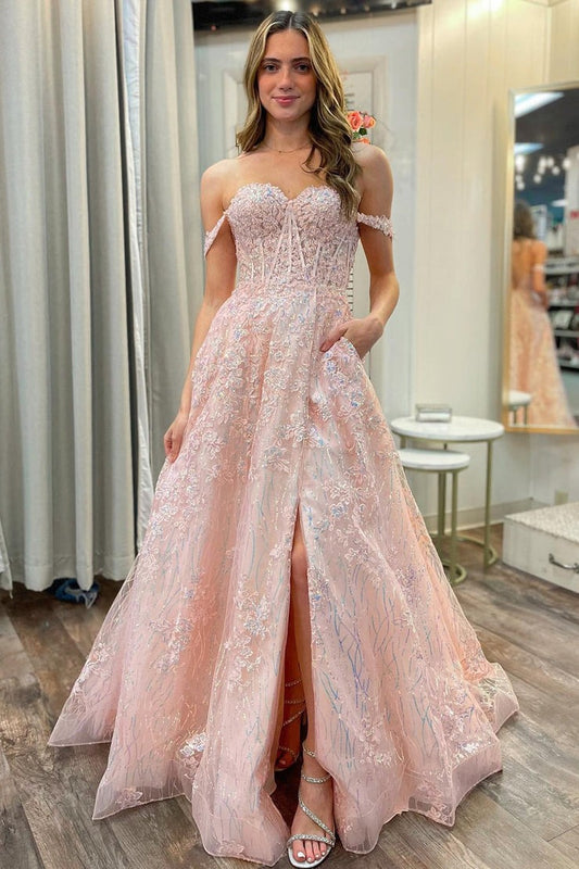 Pink Off the Shoulder A-Line Tulle Appliques Long Prom Dresses with Pockets, PD25729