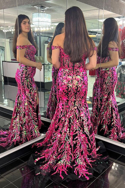 Pink Off the Shoulder Sequin Lace Mermaid Long Prom Dress, PD25707