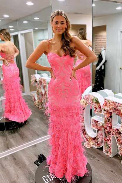 Pink Sequins Lace Sweetheart Long Prom Dresses with Feather, PD25468
