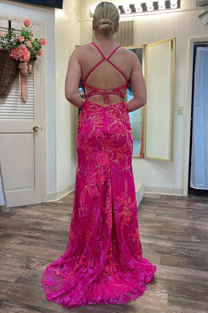 Fuchsia Sequins Lace Mermaid V Neck Long Prom Dress with Slit, PD25429