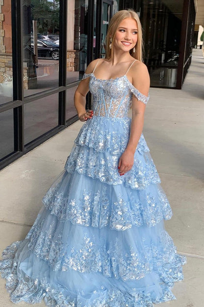 Blue A-Line Cold Shoulder Tiered Sequin Lace Long Prom Dresses, PD25619