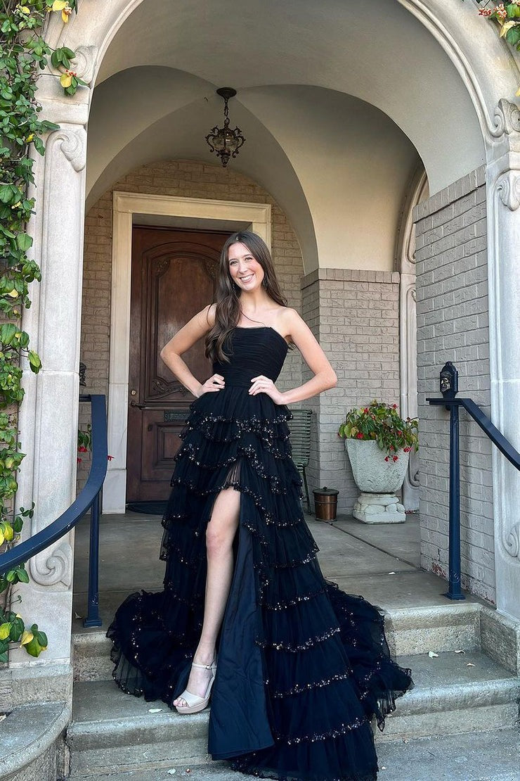 Black Strapless Tiered Tulle Long Prom Dresses, PD25609