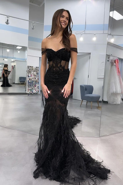 Black Mermaid Off the Shoulder Long Prom Dresses with Feather, PD25530