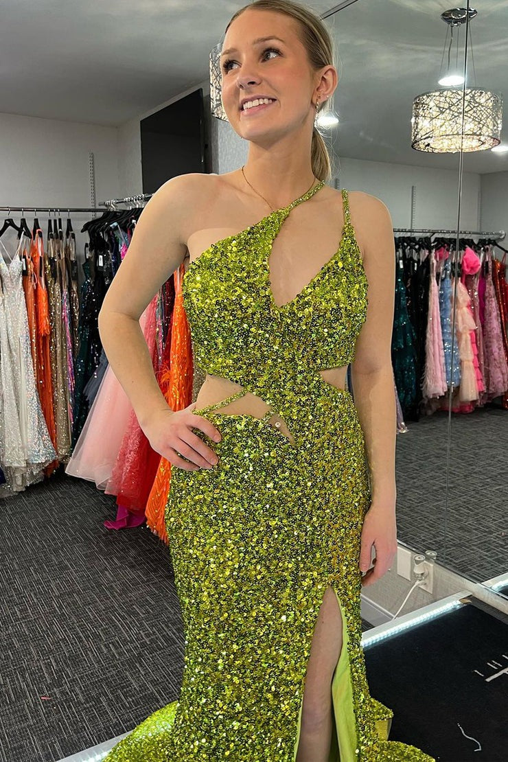 Green Yellow One Shoulder Cutout Sequins Mermaid Long Prom Dress with Slit, PD25231