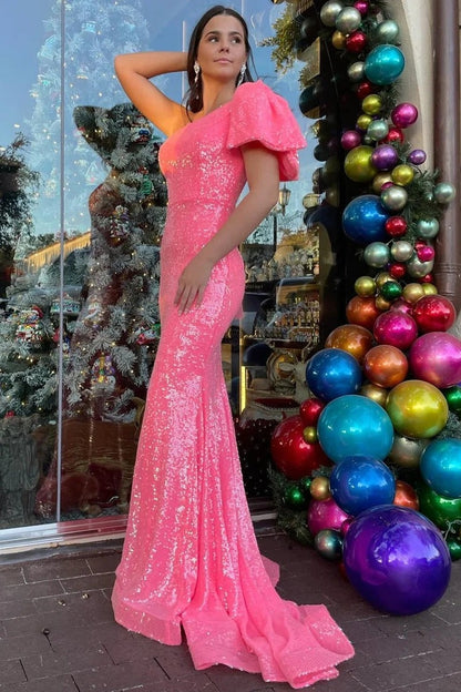 Neon Pink One - Shoulder Sequin Bow Strap Trumpet Long Prom Dress, PD25657