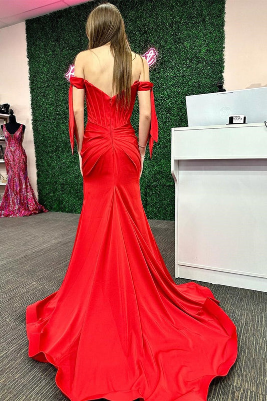 Red Off-the-Shoulder Mermaid Bow Sleeve Long Prom Dress with Slit, PD25688