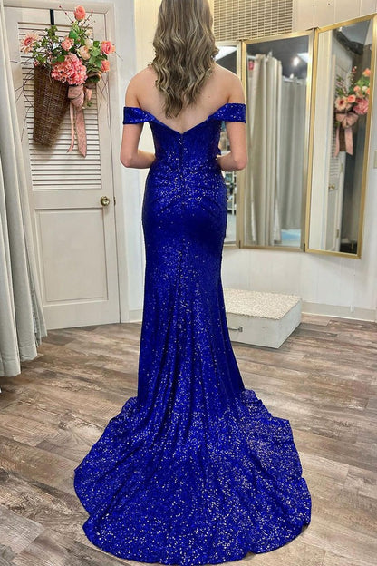 Royal Blue Sequins Sparkly Mermaid Off the Shoulder Long Prom Dress, PD25418