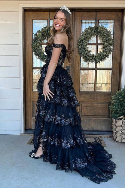 Black Sequin Lace Princess Off the Shoulder Ruffle Tiered Long Prom Dress, PD25379
