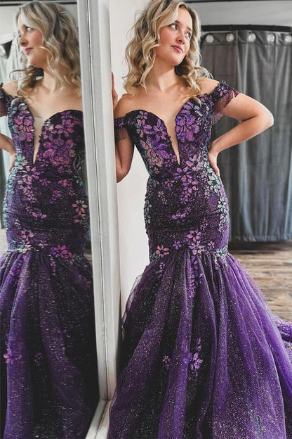 Grape Off the Shoulder Mermaid Sequin Lace Long Prom Dress, PD25700