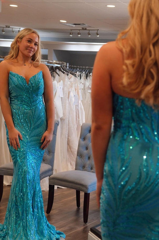 Blue Sequins Appliques Mermaid Strapless Long Prom Dress, PD25370