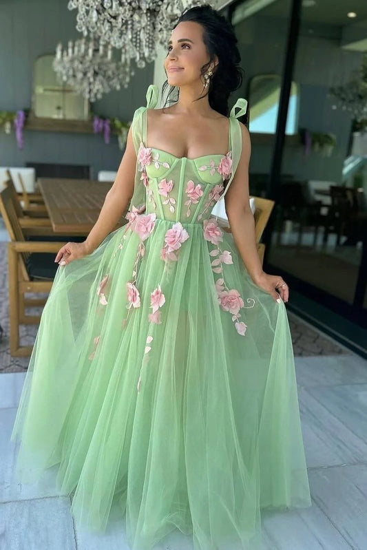 Sage Green A Line Sweetheart Tulle Long Prom Dress with Appliques, PD25768