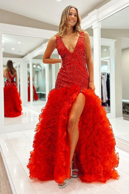 Red Mermaid V Neck Sequins Ruffle Long Prom Dresses, PD25518