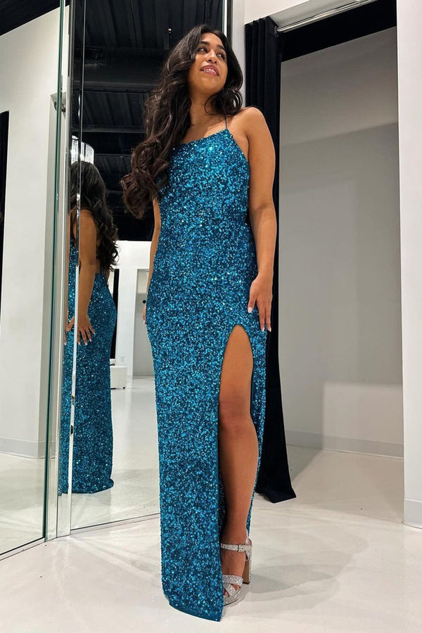 Charming Mermaid Sweetheart Peacock Blue Sequins Long Prom Dresses with Beading VK24100610